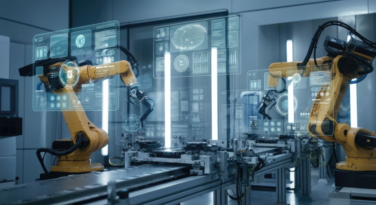 Industrieroboter mit digitaler Steuerung in moderner Fertigungslinie – Automationstechnik in der Produktion