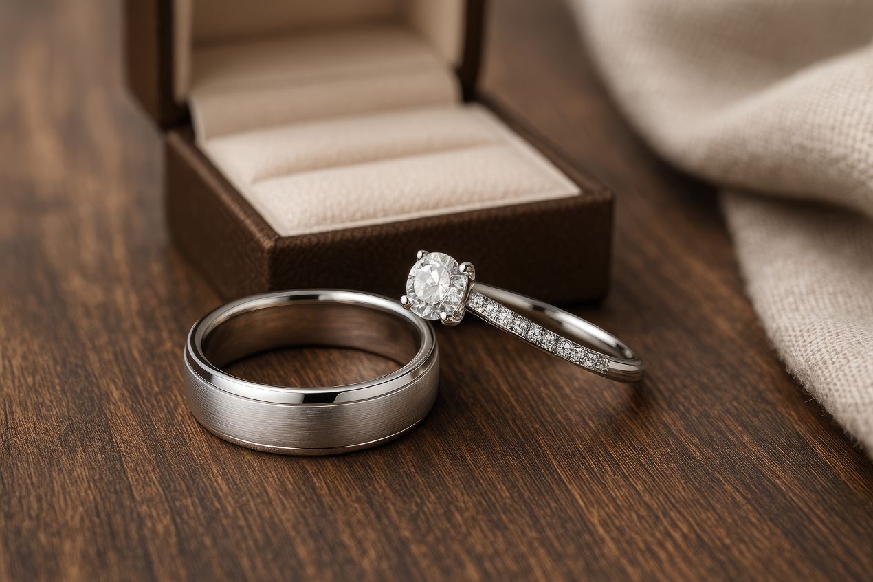 Eheringe Platin in modernem Design mit Diamantfassung auf Holzuntergrund, klassische Schmuckschatulle im Hintergrund