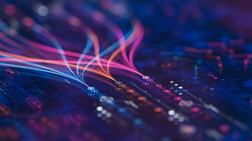 Abstrakte Visualisierung von Datenströmen in einem digitalen Netzwerk auf dunklem Hintergrund.