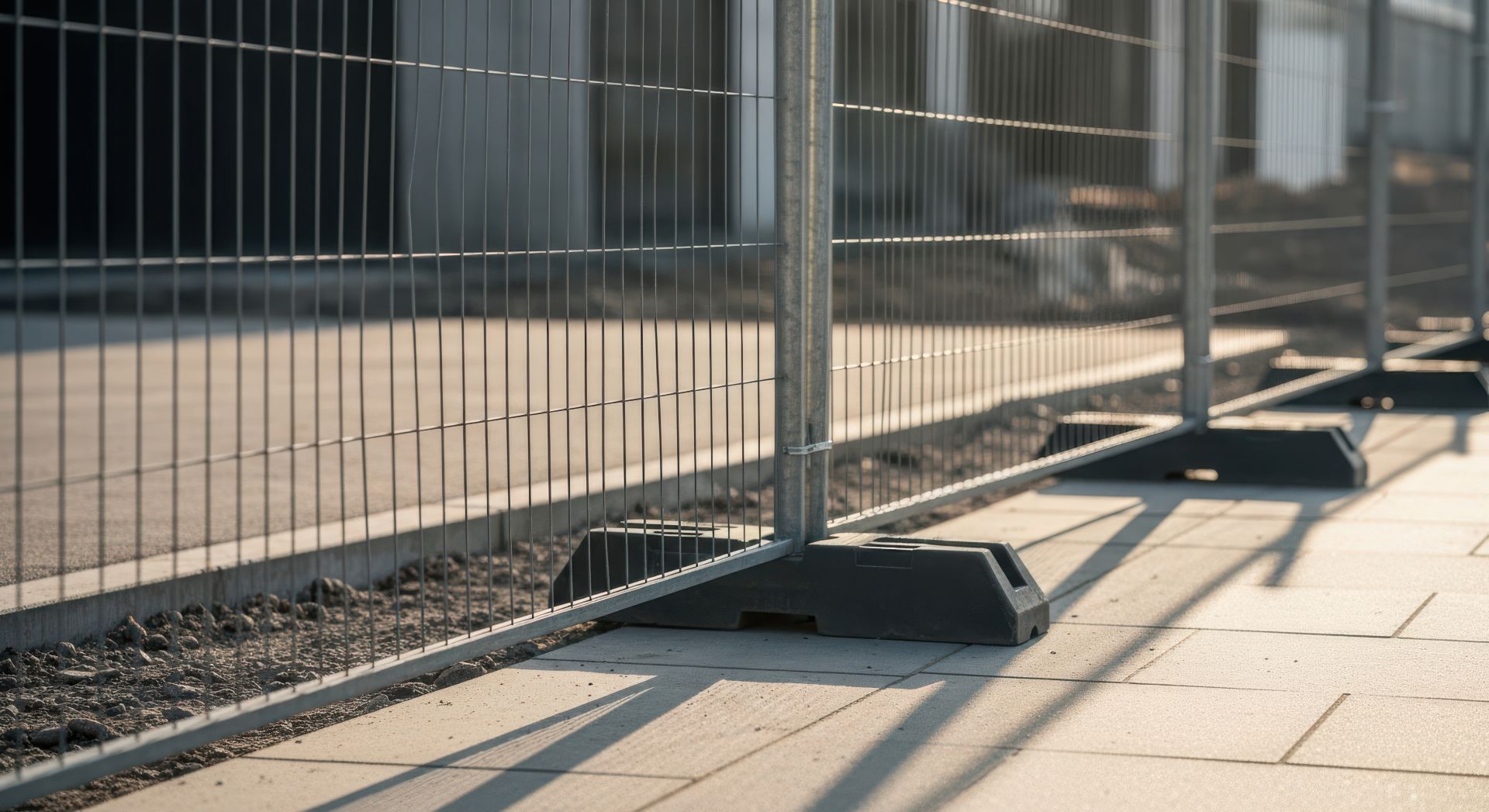 Detailaufnahme eines mobilen Schallschutzzauns mit stabiler Bodenverankerung – wichtig fuer sicheren Aufbau auf Baustellen