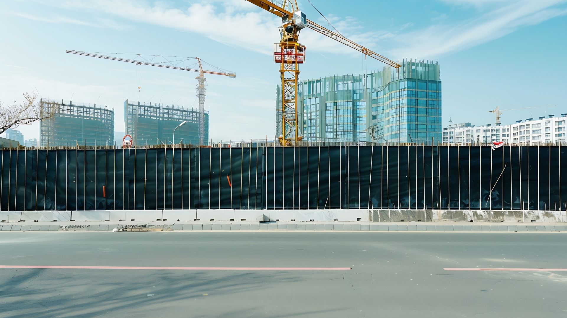 Mobiler Schallschutzzaun auf innerstaedtischer Baustelle mit Kran und Hochhaeusern im Hintergrund – effektive Lärmschutzmassnahme