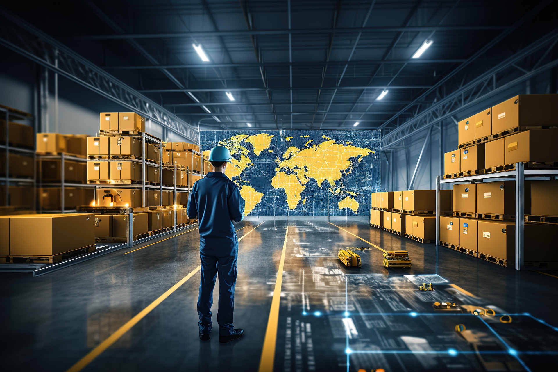 Lagerhalle mit digitaler Weltkarte und Logistikplanung | zertifizierte Zollsoftware
